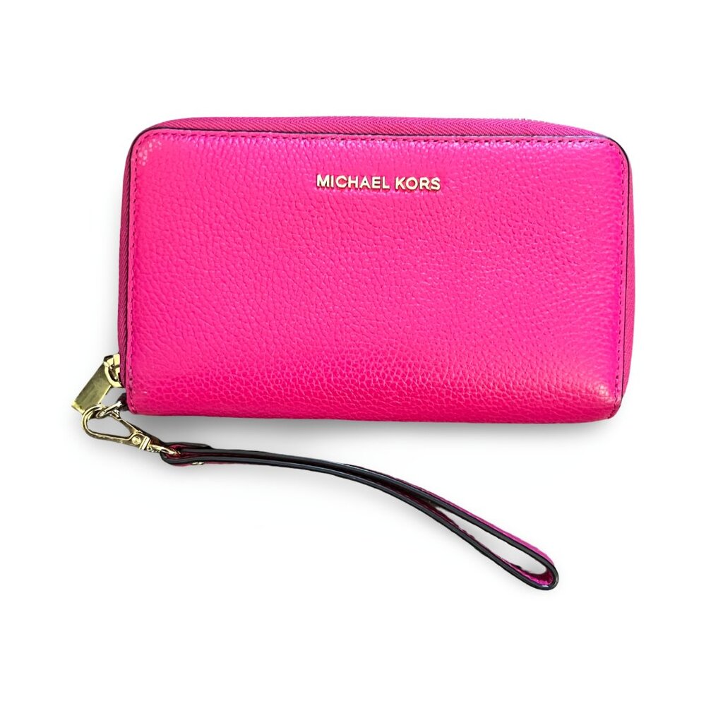 MICHAEL KORS Large Pebbled Leather Studio Wallet Ultra Pink Wristlet Smart Phone